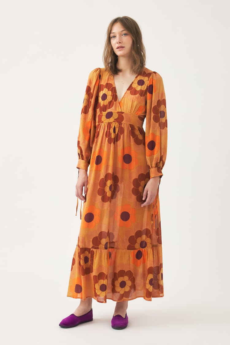 antik batik Robe longue fluide orange en gaze de coton