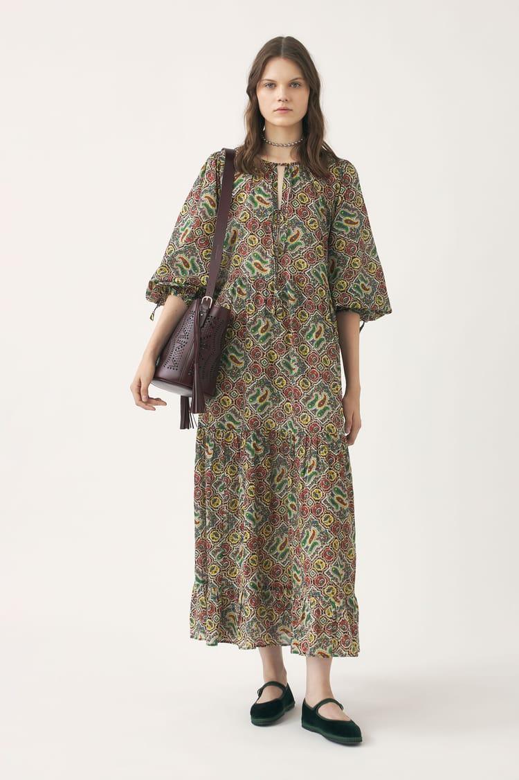 antik batik Robe longue kaki voile de coton imprimé au block print