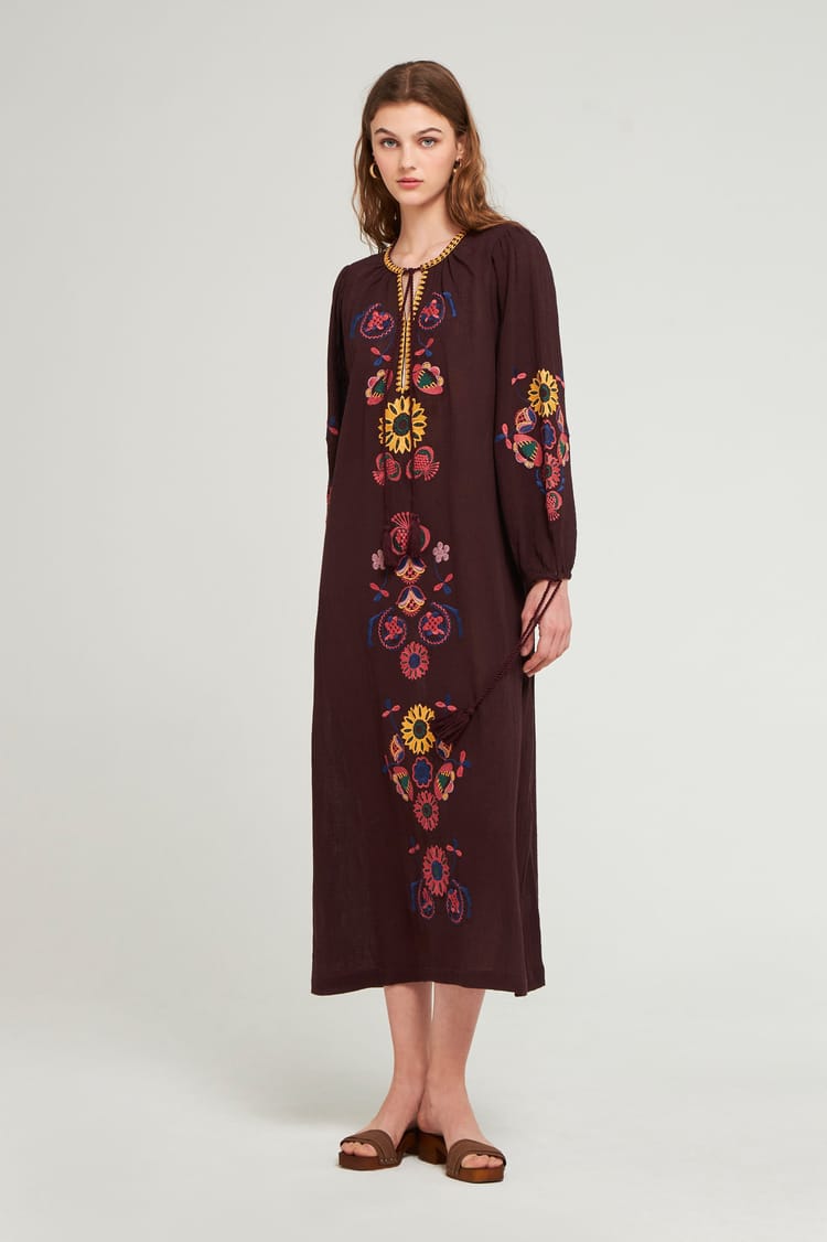 Antik Batik Robe Longue Marron Brodée Bohème Chic Casual En Crêpe De Coton