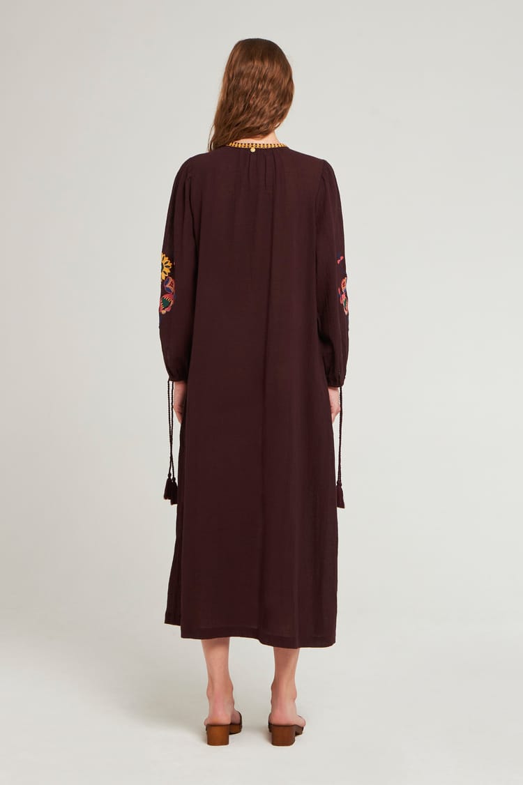 Antik Batik Robe Longue Marron Brodée Bohème Chic Casual En Crêpe De Coton