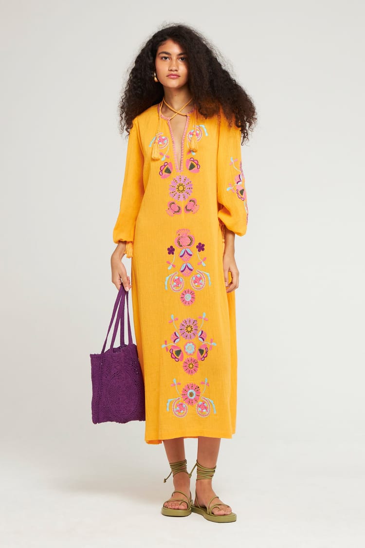 Antik Batik Robe Longue Orange Brodée Bohème Chic Casual En Crêpe De Coton