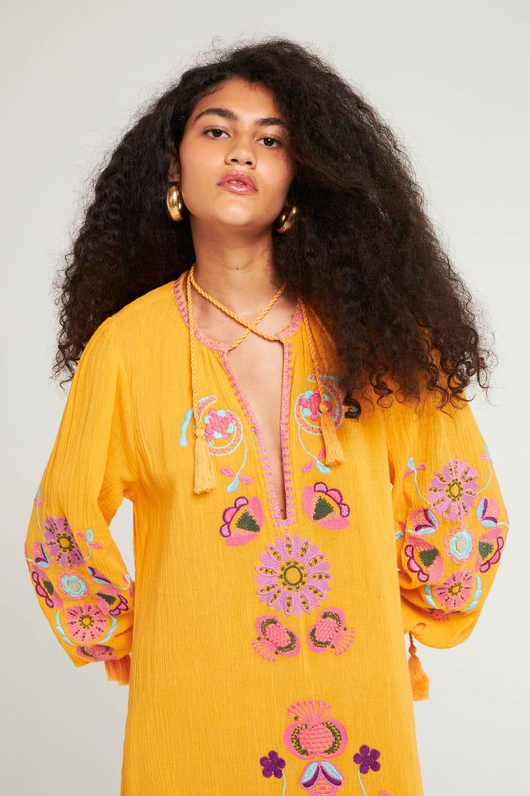 Antik Batik Robe Longue Orange Brodée Bohème Chic Casual En Crêpe De Coton