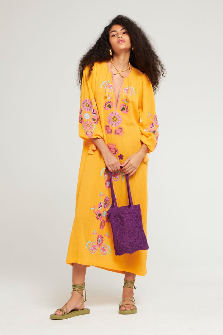 antik batik Robe longue orange brodée bohème chic casual en crêpe de Coton