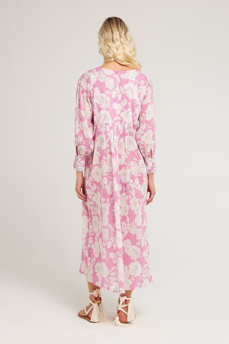 Antik Batik Robe Longue Rose à Plastron Brodé Et Imprimé En Voile De Coton
