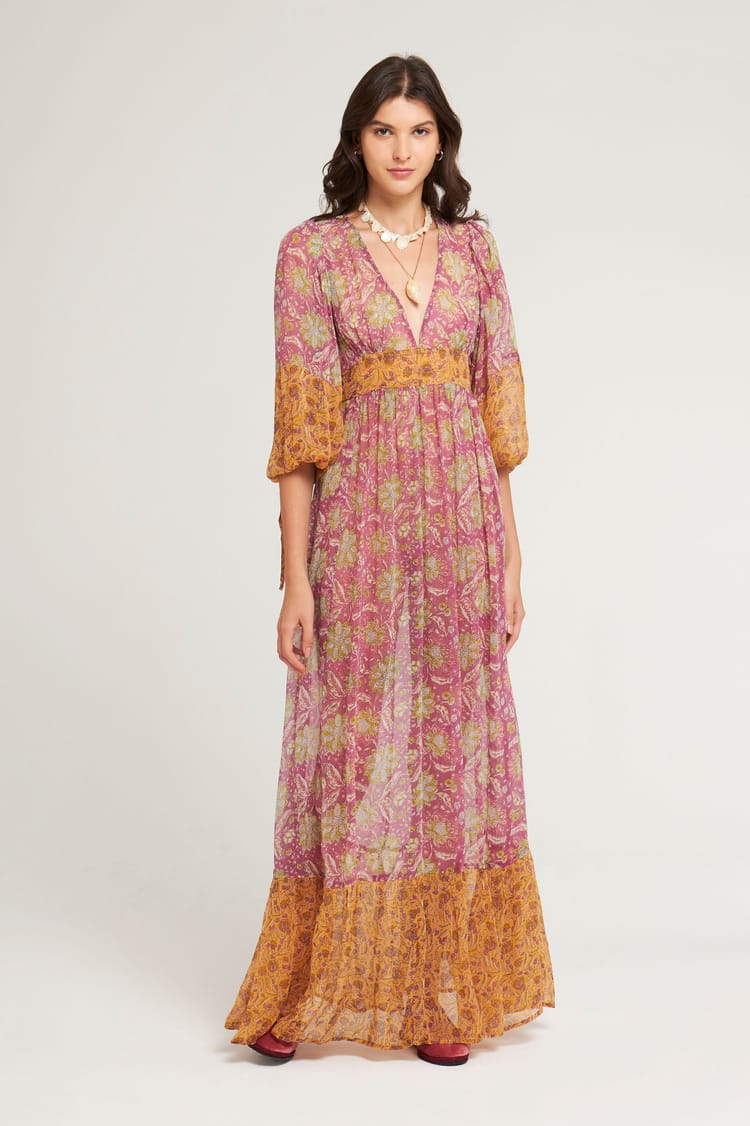 Antik Batik Robe Longue Rose Et Fluide En Chiffon De Viscose