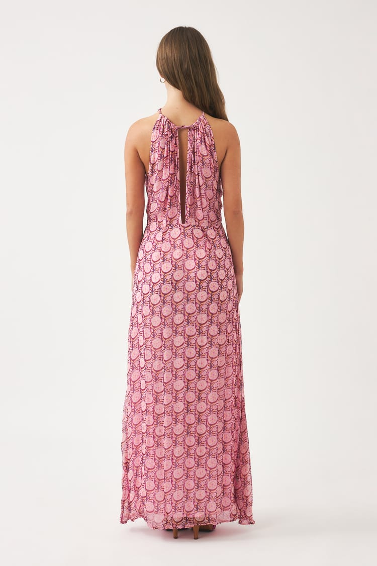 Antik Batik Robe Longue Rose Fluide Bleue En Mousseline De Viscose Aérienne