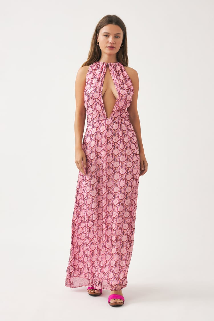 antik batik Robe longue rose fluide bleue en mousseline de viscose aérienne