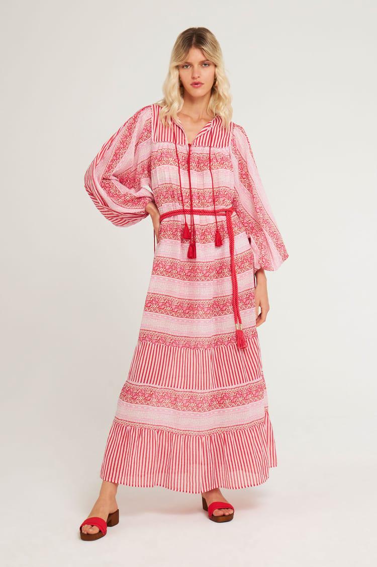 antik batik Robe longue rose imprimée inspiration indienne