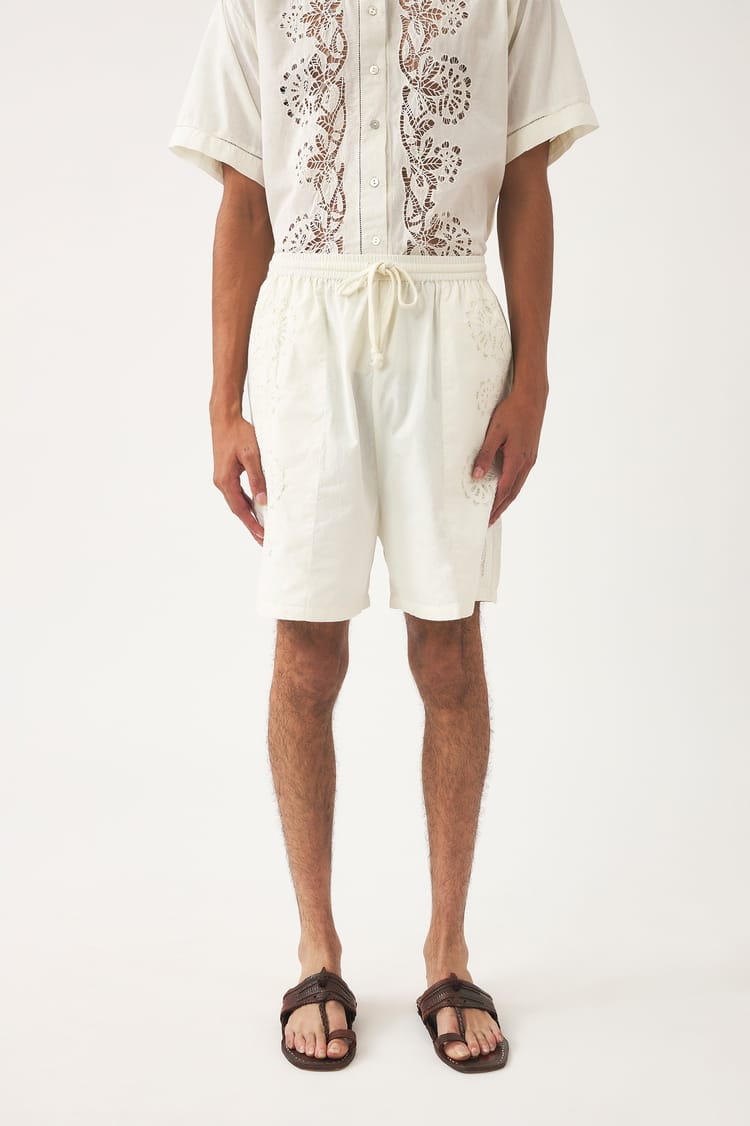 Antik Batik Short Blanc Ajouré Voile De Coton Incrustée De Dentelle