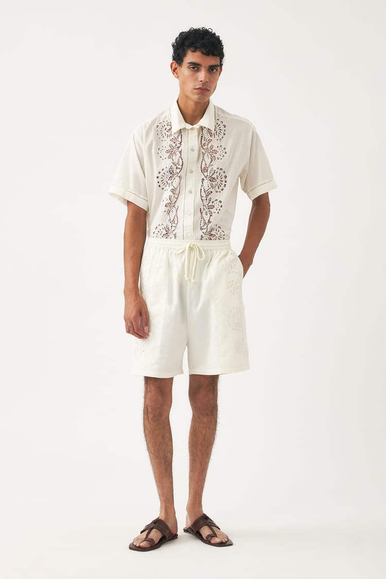 antik batik Short blanc ajouré voile de coton incrustée de dentelle