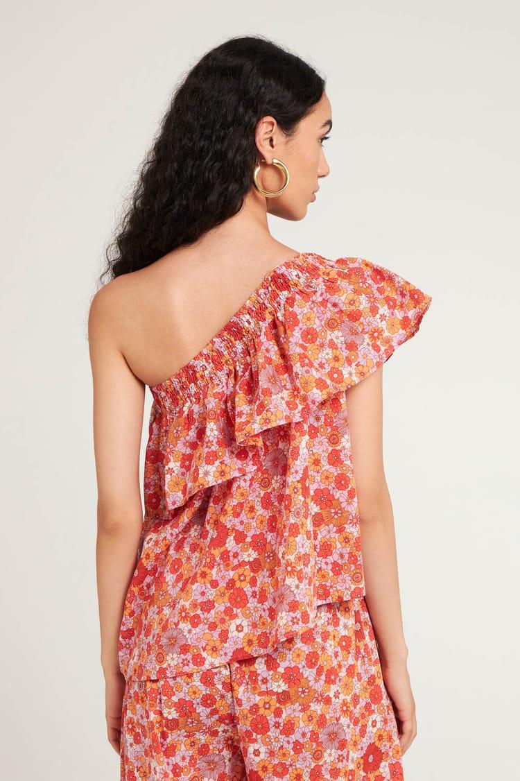 Antik Batik Top Asymétrique Rose Fleuri En Voile De Coton