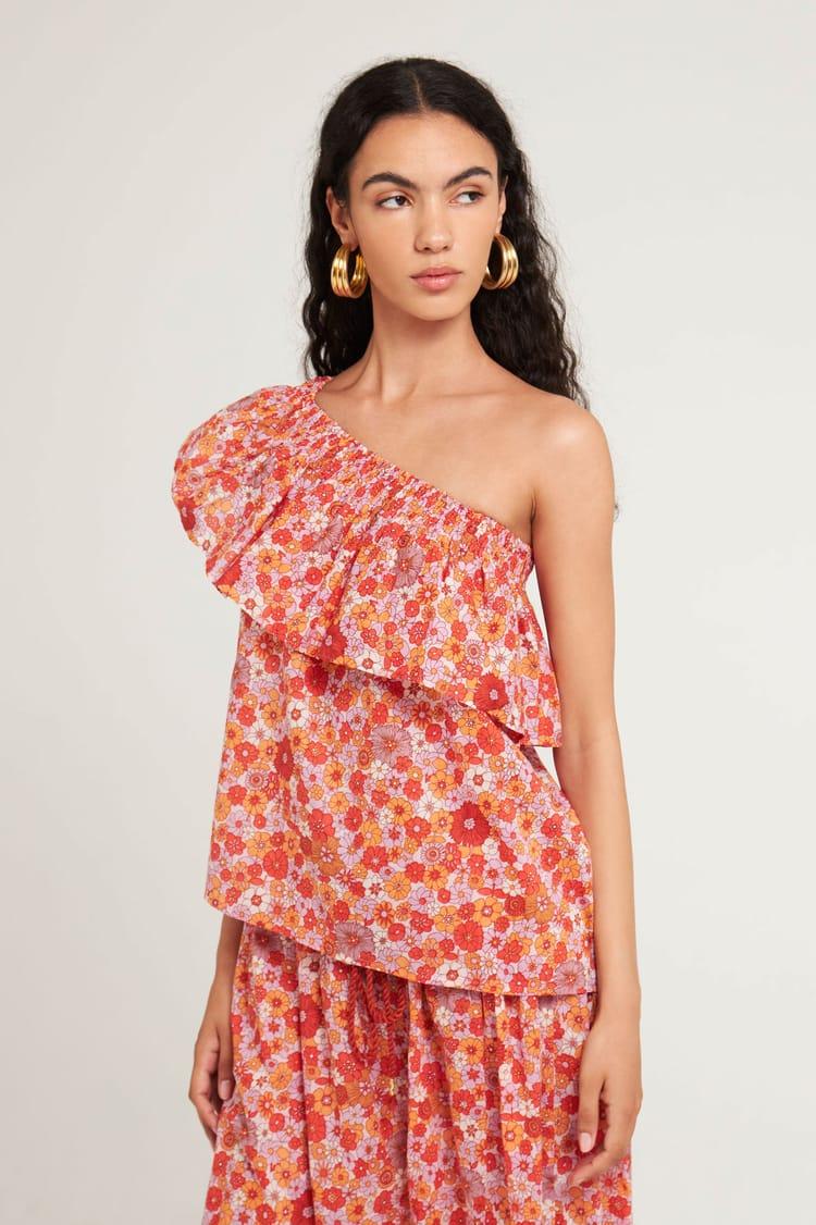 antik batik Top asymétrique rose fleuri en voile de Coton