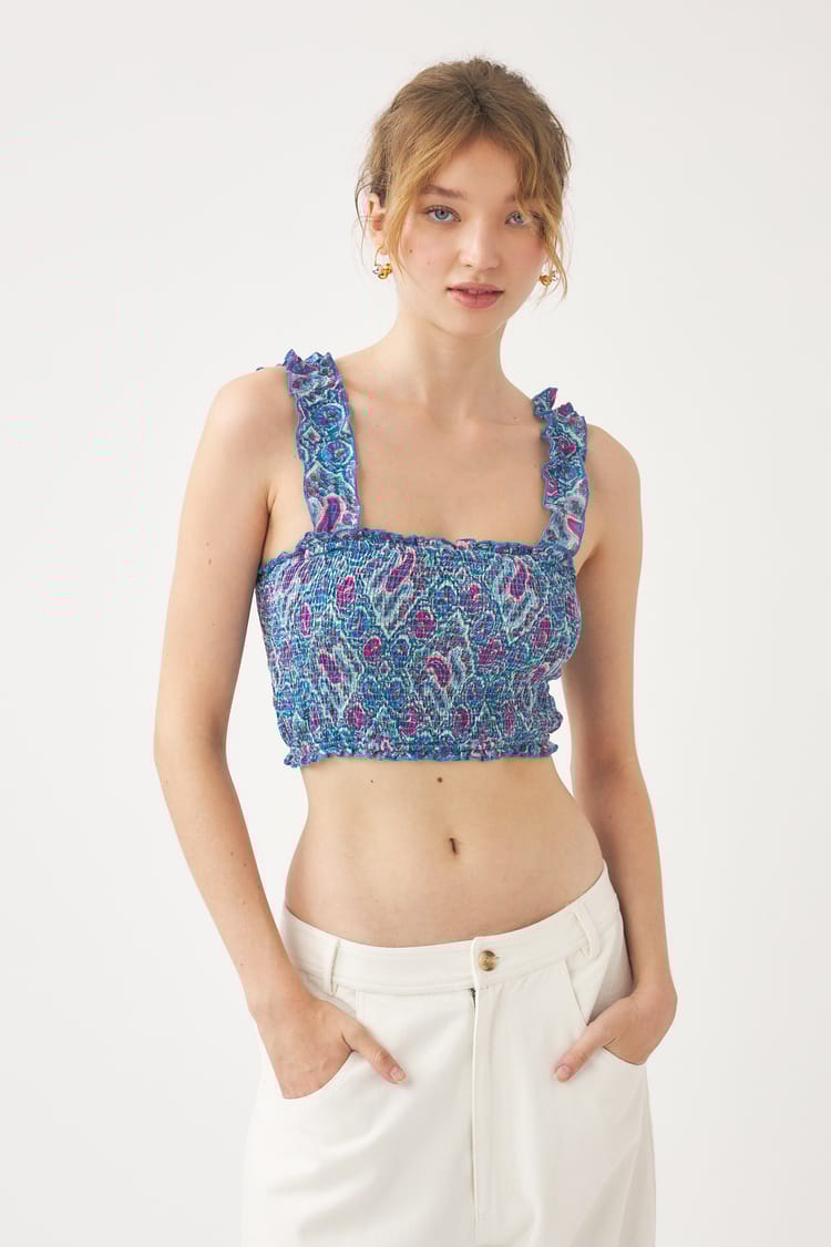 Antik Batik Top Bleu Voile De Coton Imprimé Au Block Print Avec Smocks