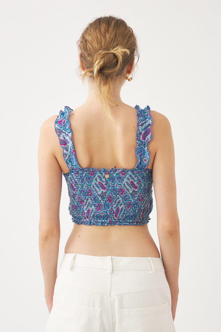 Antik Batik Top Bleu Voile De Coton Imprimé Au Block Print Avec Smocks