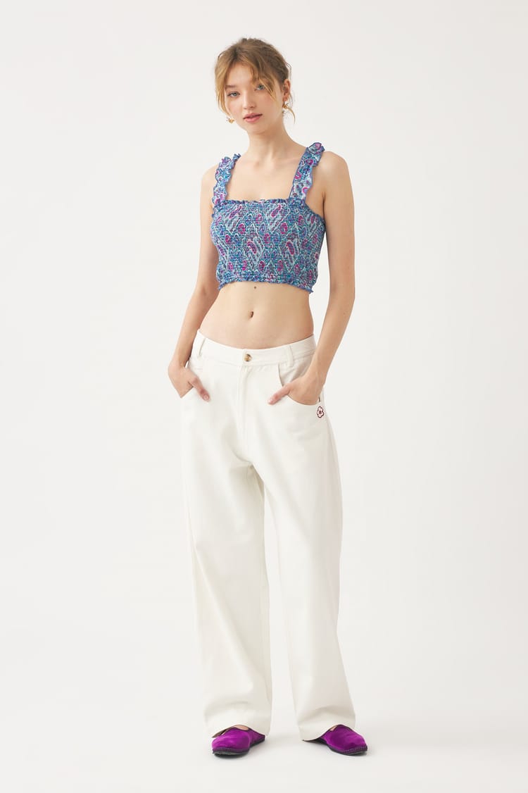 antik batik Top bleu voile de coton imprimé au block print avec smocks