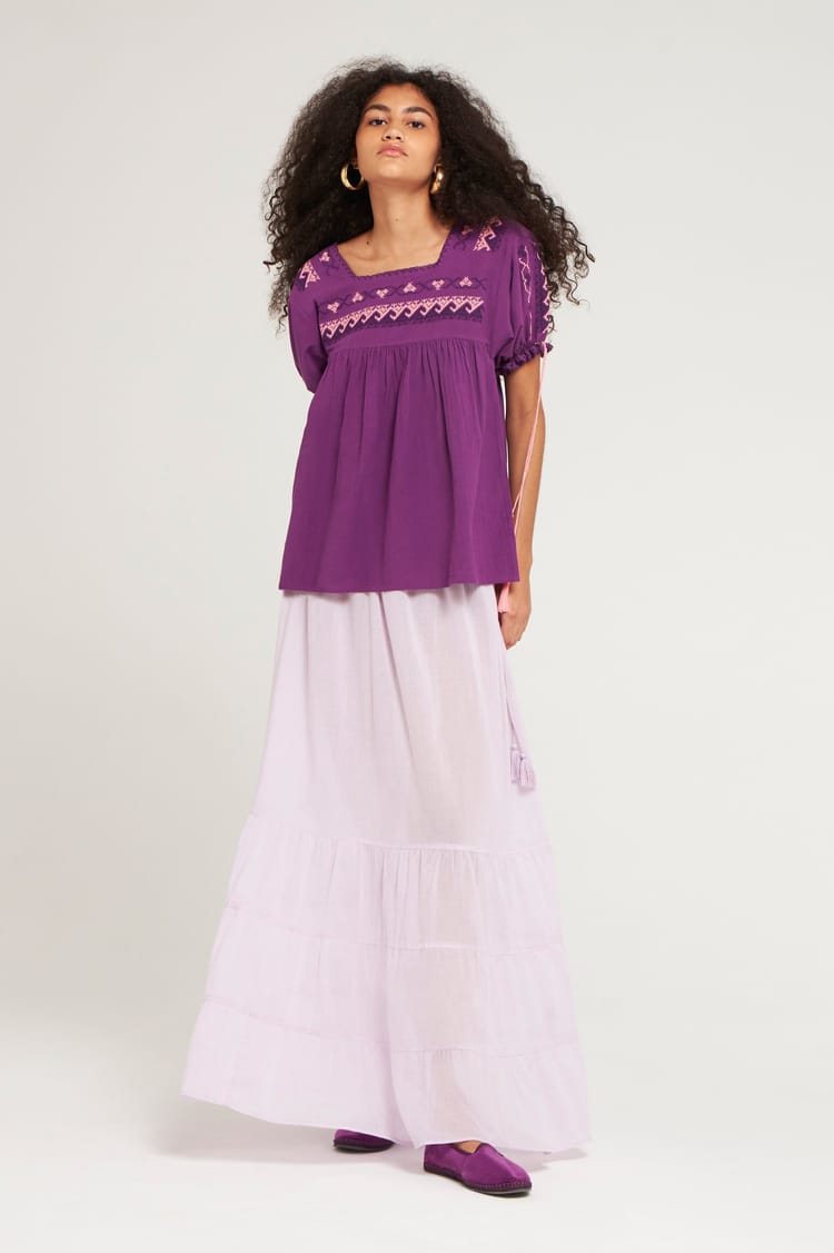 Antik Batik Top Brodé à Manches Courtes Encolure Carrée Violet