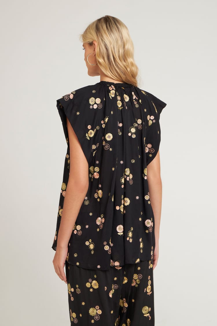 Antik Batik Top Brodé En Voile De Viscose Et Coton Petites Fleurs