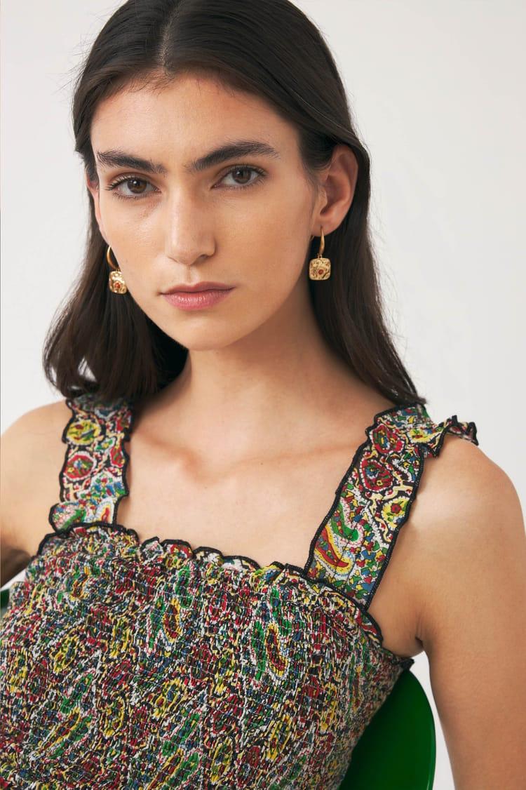 Antik Batik Top Kaki Voile De Coton Imprimé Au Block Print Avec Smocks