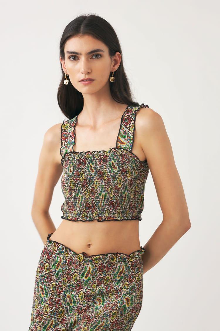 Antik Batik Top Kaki Voile De Coton Imprimé Au Block Print Avec Smocks