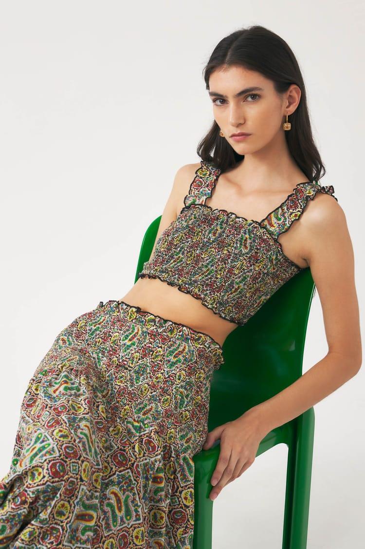 antik batik Top kaki voile de coton imprimé au block print avec smocks