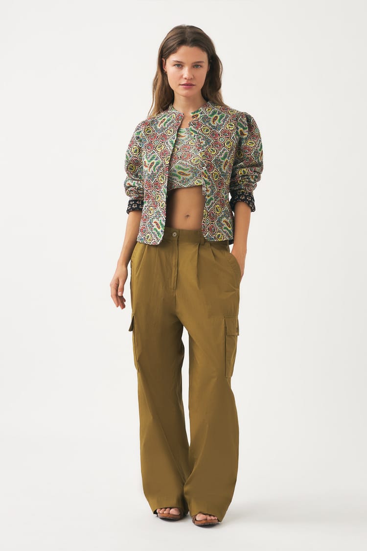 Antik Batik Veste Kaki Voile De Coton Imprimé Au Block Print