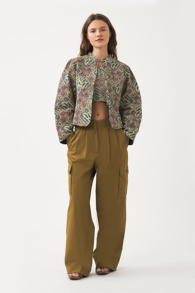 antik batik Veste kaki voile de coton imprimé au block print