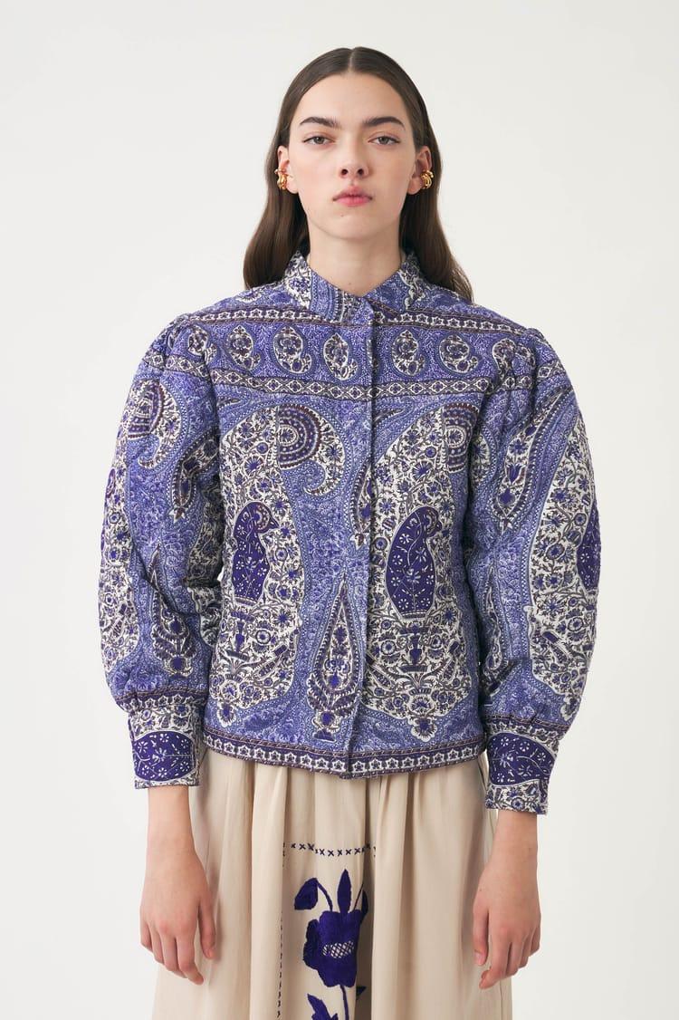 Antik Batik Veste Matelassée Bleue Imprimée Motif Cachemire