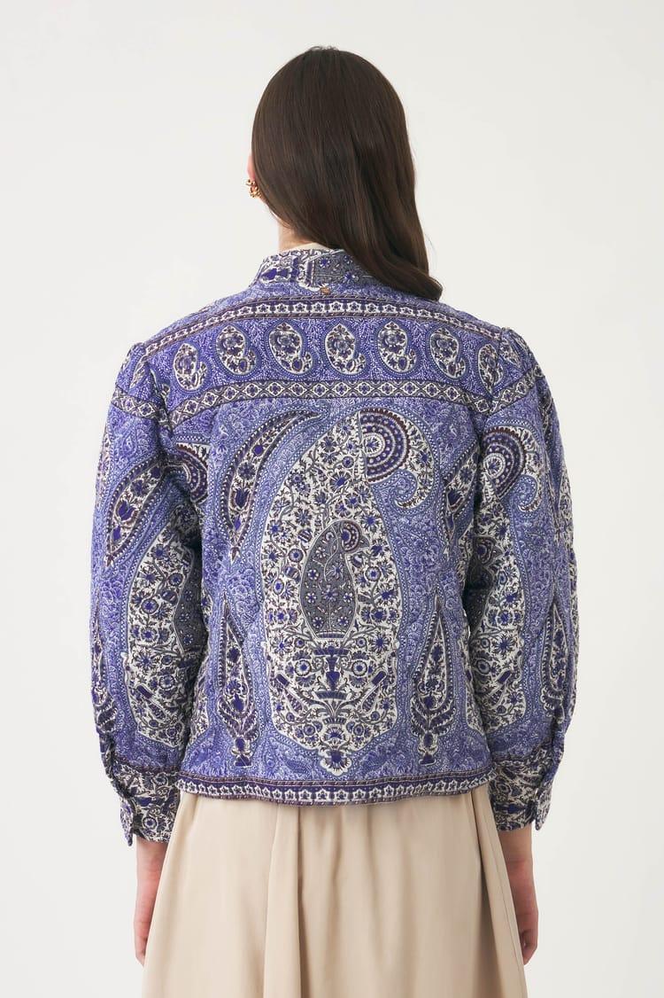 Antik Batik Veste Matelassée Bleue Imprimée Motif Cachemire