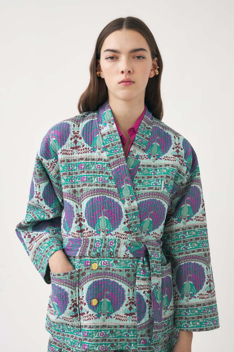 Antik Batik Veste Mi-saison En Voile De Coton Avec Imprimé Paon