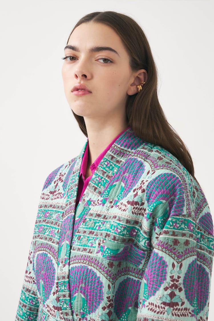 Antik Batik Veste Mi-saison En Voile De Coton Avec Imprimé Paon
