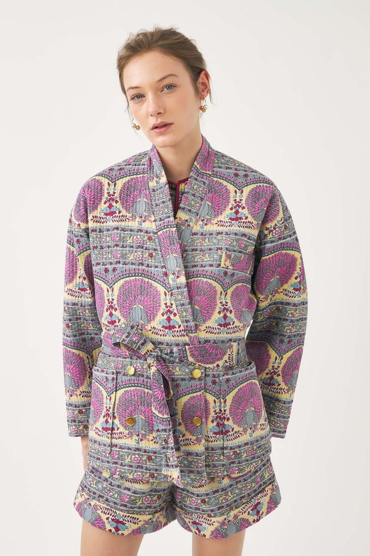 Antik Batik Veste Mi-saison En Voile De Coton Avec Imprimé Paon