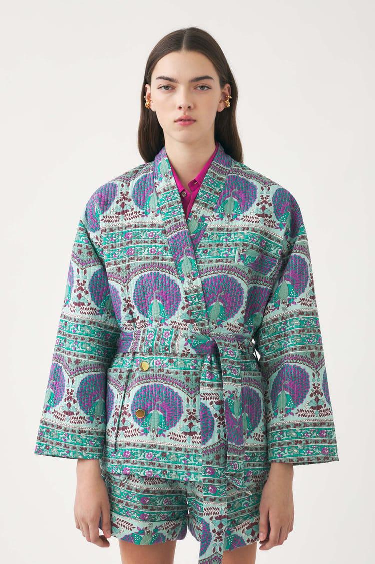 antik batik Veste mi-saison en voile de coton avec imprimé paon