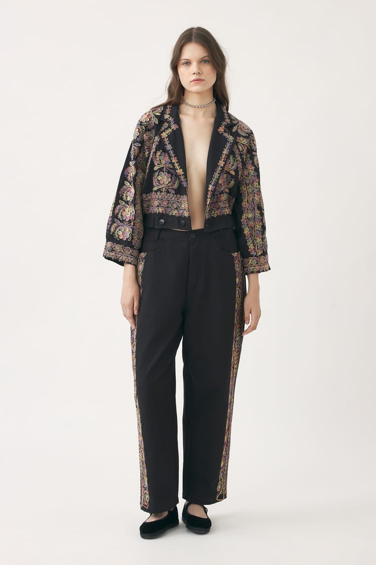 Antik Batik Veste Noire En Double Gaze De Coton Brodée De Fils Tie And Dye