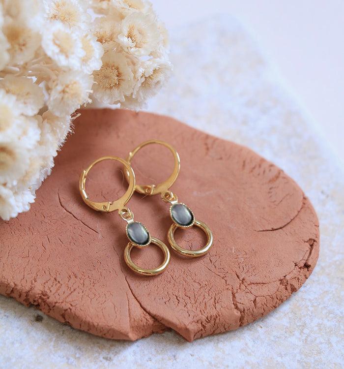 Antoinette Ameska Boucles D'Oreilles Anneau SATURNE Nacre Grise