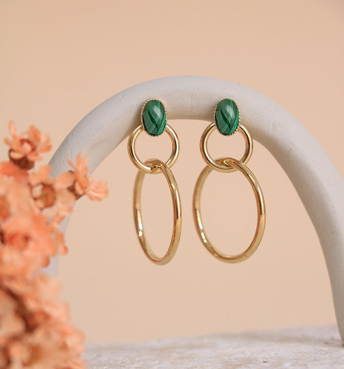 Antoinette Ameska Boucles D'Oreilles Anneaux Entrelacés SATURNE Malachite