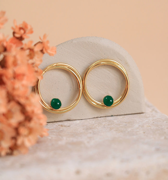 Antoinette Ameska Boucles D'Oreilles Double Anneaux SATURNE Agate Verte