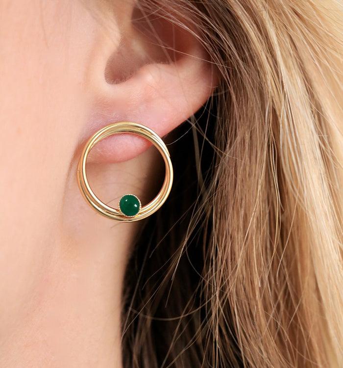 antoinette ameska Boucles d'Oreilles double anneaux SATURNE Agate Verte