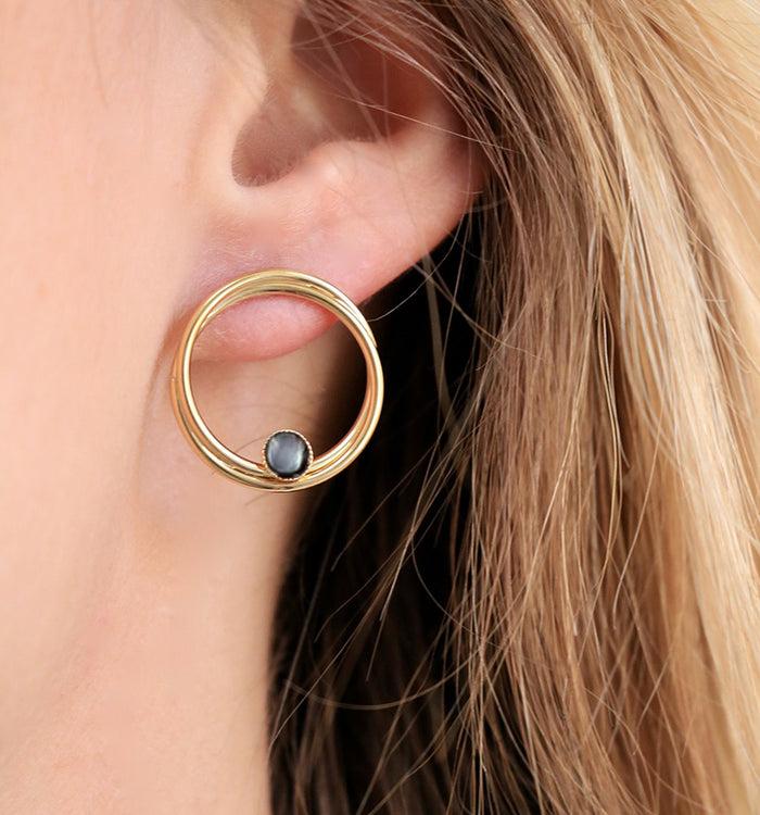 antoinette ameska Boucles d'Oreilles double anneaux SATURNE Nacre grise