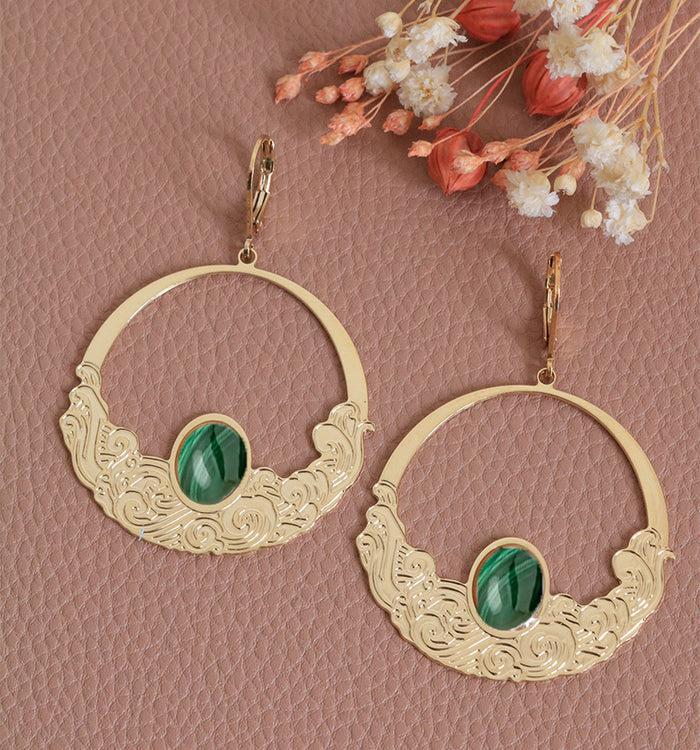 Antoinette Ameska Boucles D'Oreilles HOKUSAI - Grandes Dormeuses Malachite