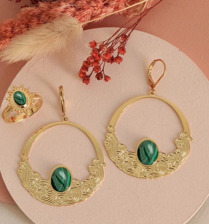Antoinette Ameska Boucles D'Oreilles HOKUSAI - Grandes Dormeuses Malachite