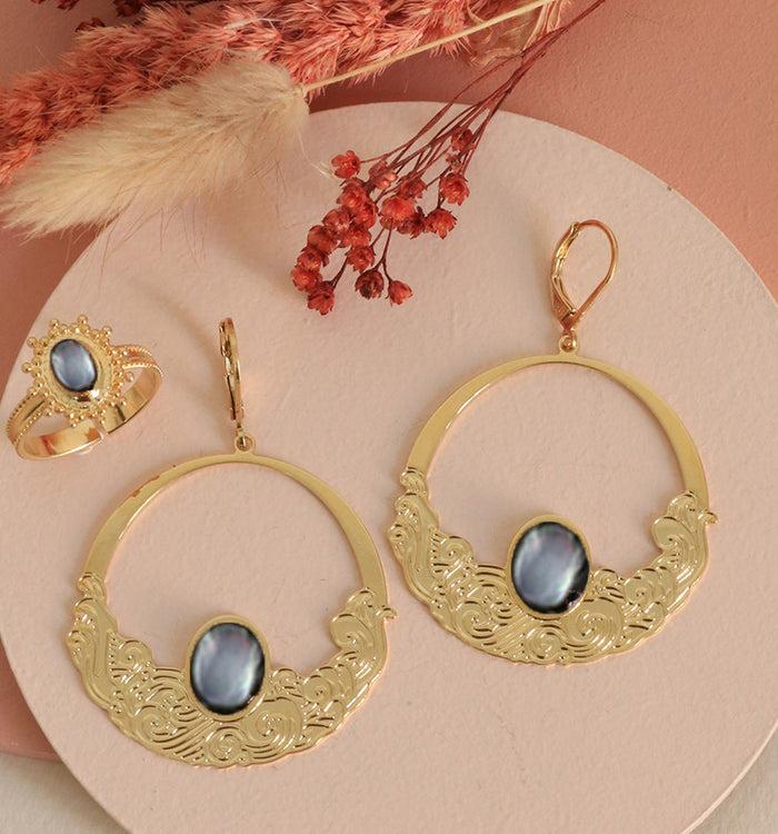 antoinette ameska Boucles d'Oreilles HOKUSAI - Grandes Dormeuses Nacre grise
