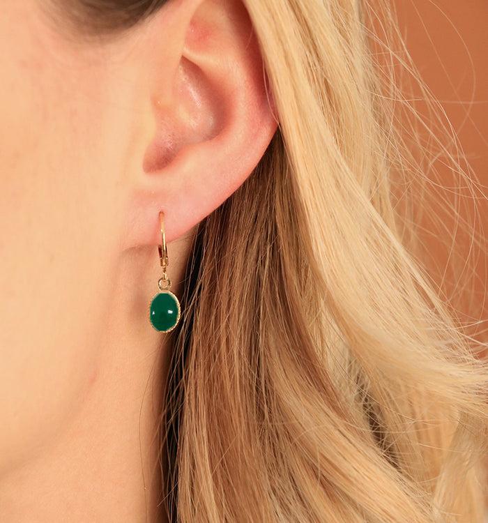 Antoinette Ameska Boucles D'Oreilles Pierre SATURNE Agate Verte