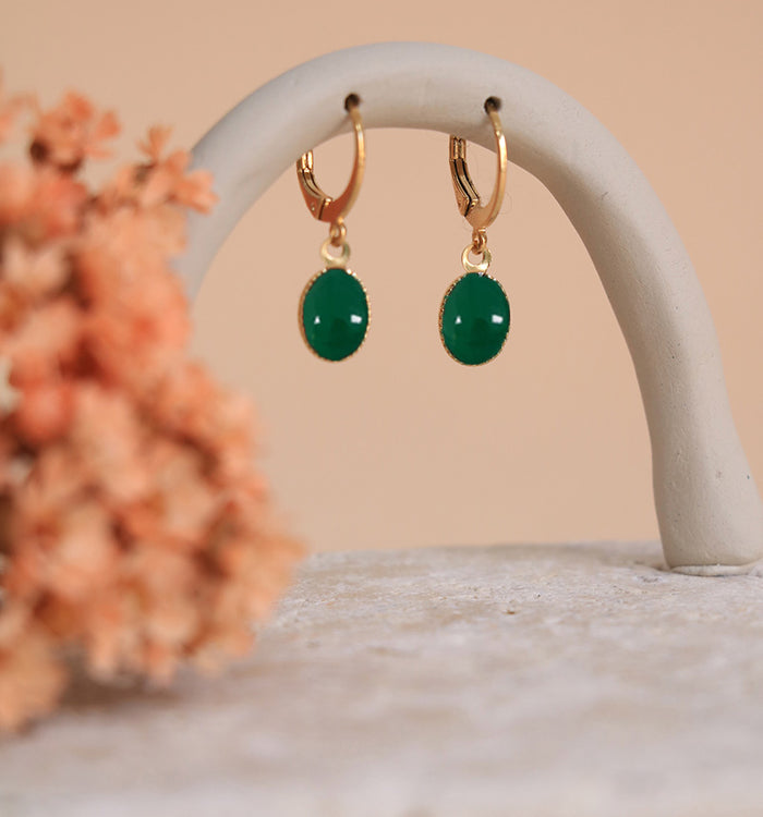Antoinette Ameska Boucles D'Oreilles Pierre SATURNE Agate Verte