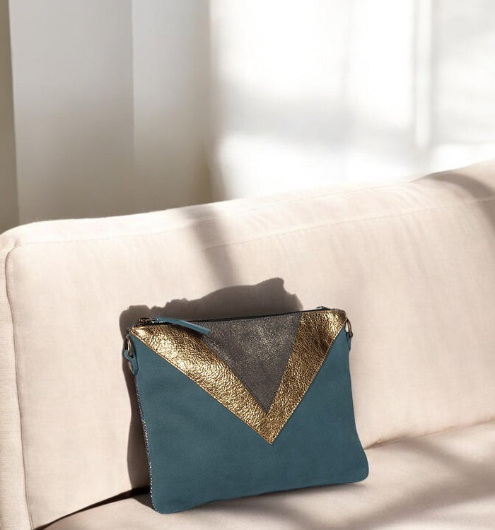 Antoinette Ameska Pochette GIZEH Bleu Denim/Lézard Or