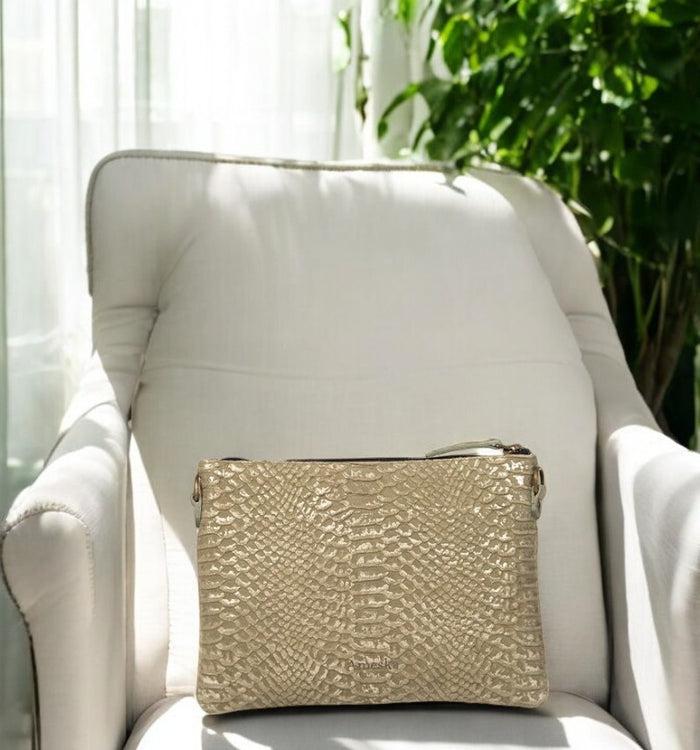 Antoinette Ameska Pochette GIZEH Python Kaki/Lézard Or