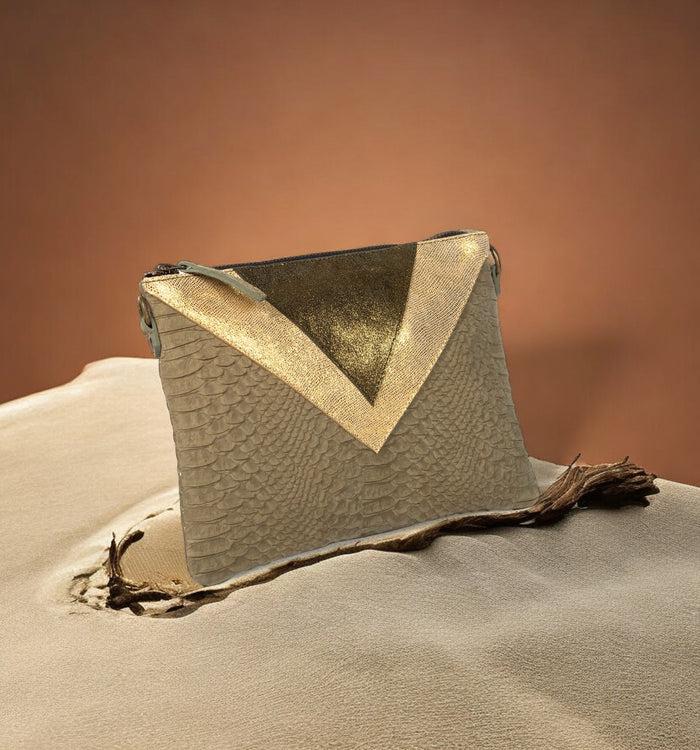 Antoinette Ameska Pochette GIZEH Python Kaki/Lézard Or