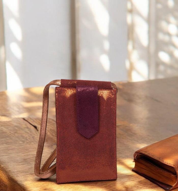 Antoinette Ameska Pochette Téléphone TEMARA Lézard Tabac/bordeaux