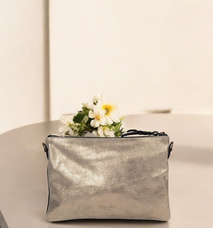 Antoinette Ameska Pochette ZANZIBAR Lézard Noir/Paillette Gris