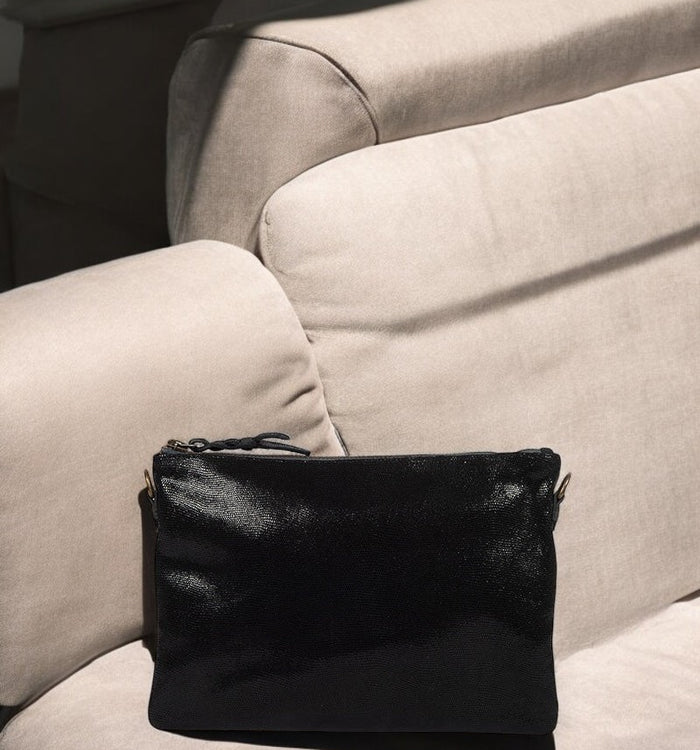 Antoinette Ameska Pochette ZANZIBAR Lézard Noir/Paillette Gris