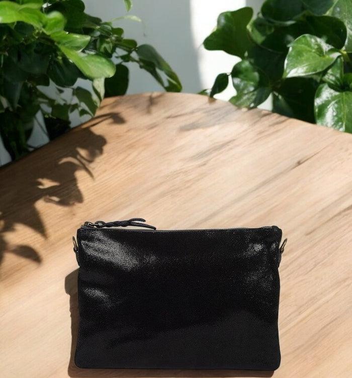 antoinette ameska Pochette ZANZIBAR Lézard Noir/Paillette Gris